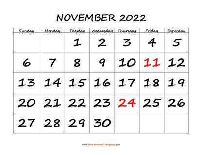 november 2022 calendar bigfont horizontal
