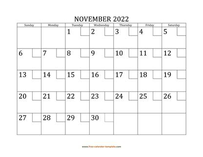 november 2022 calendar checkboxes horizontal