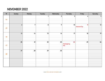 november 2022 calendar daygrid horizontal