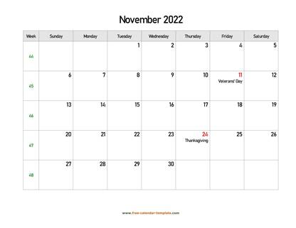 november 2022 calendar holidays horizontal