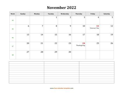 november 2022 calendar notes horizontal