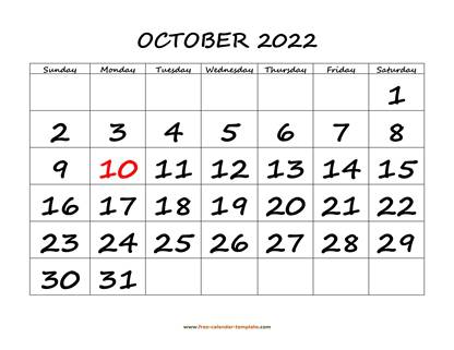 october 2022 calendar bigfont horizontal