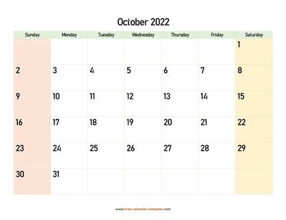 october 2022 calendar colored horizontal