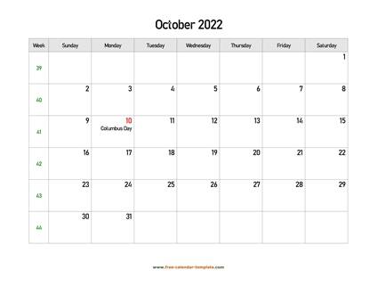october 2022 calendar holidays horizontal