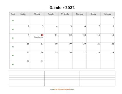 october 2022 calendar notes horizontal