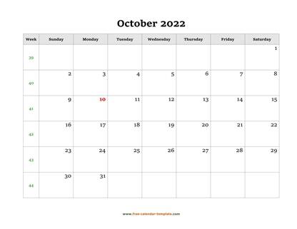 october 2022 calendar simple horizontal