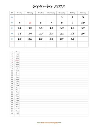 september 2022 calendar daily notes vertical