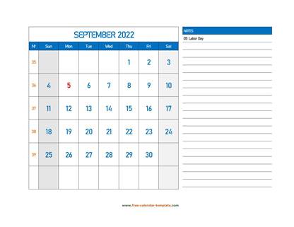 september 2022 calendar largenotes horizontal
