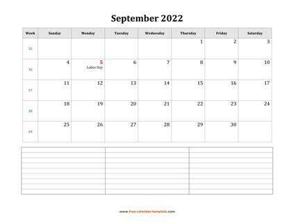 september 2022 calendar notes horizontal