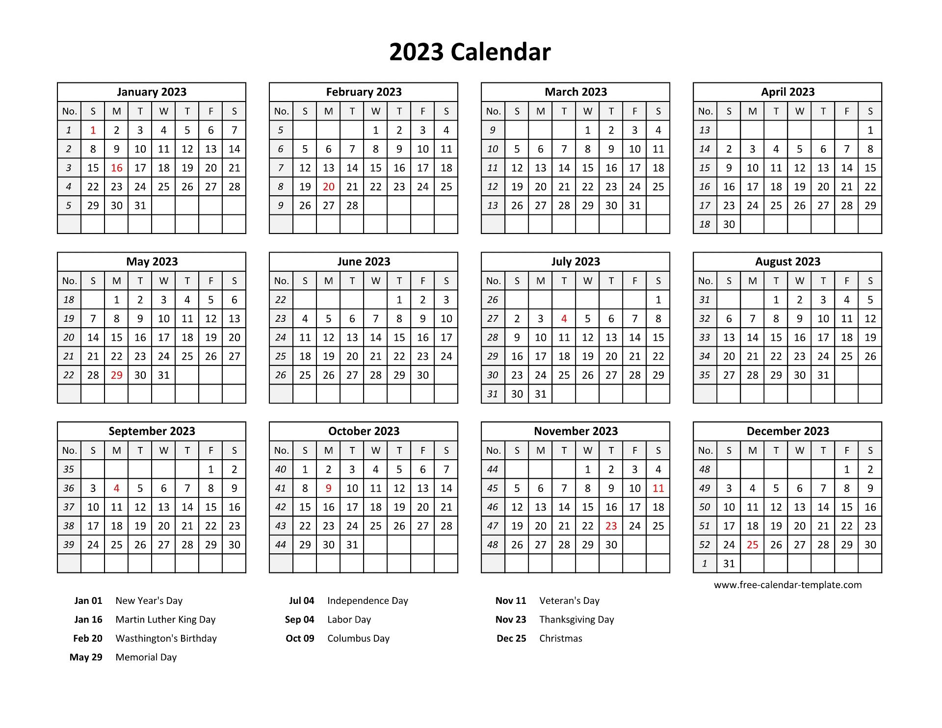 Printable Yearly Calendar 2023 With Us Holidays Free Calendar