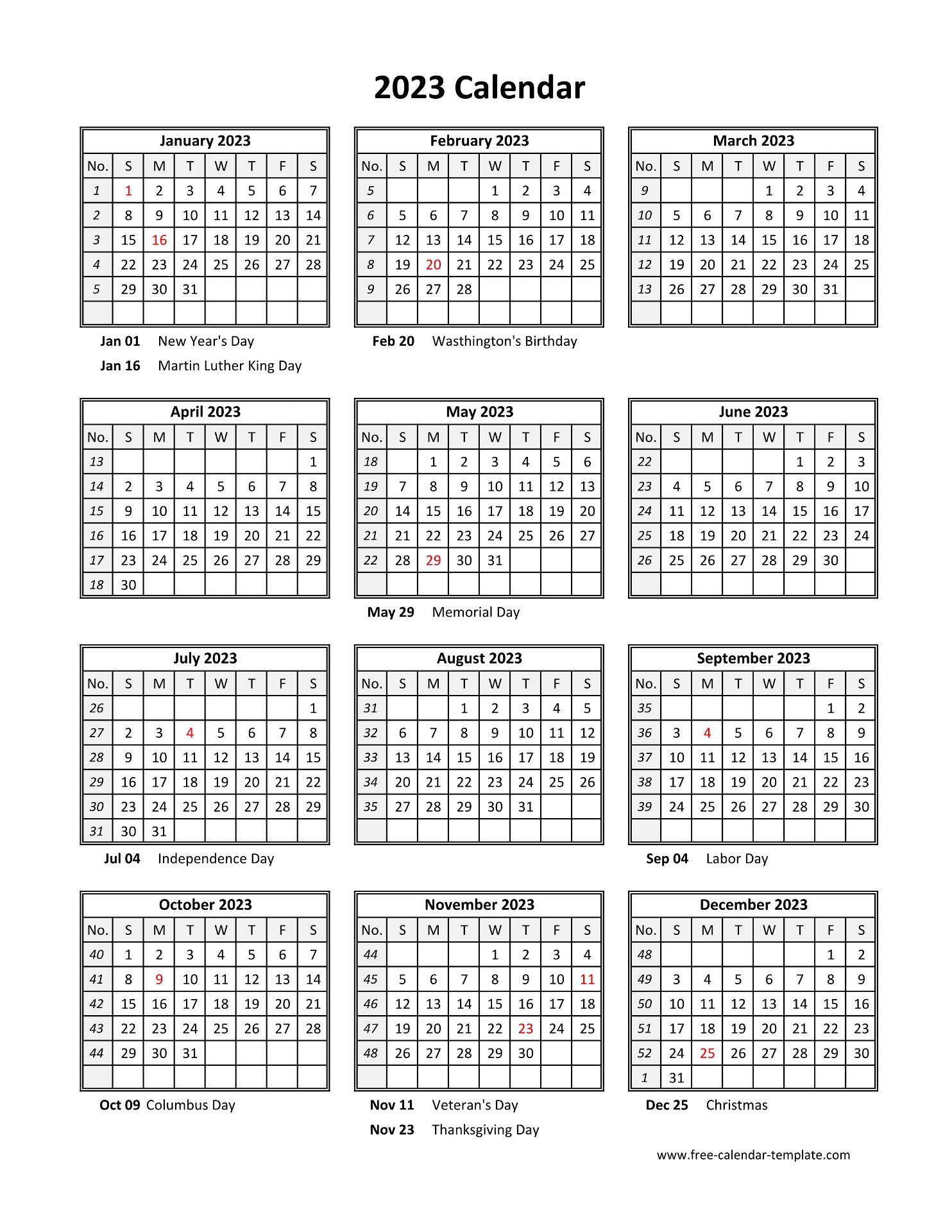Yearly Printable Calendar 2023 With Holidays Free Calendar