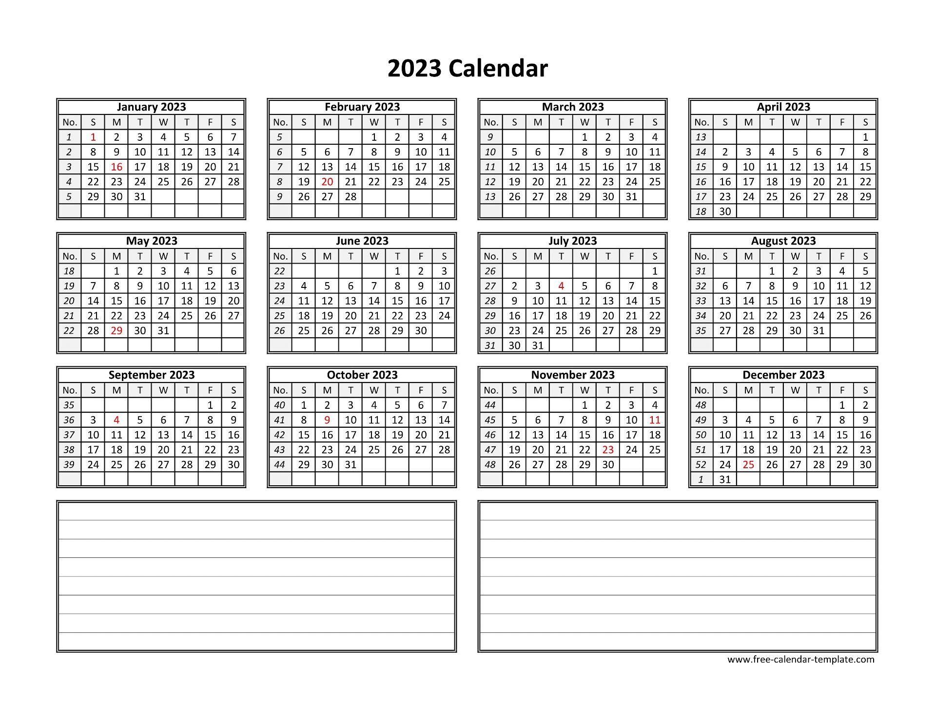 Yearly 2023 Calendar Printable With Space For Notes Free Calendar