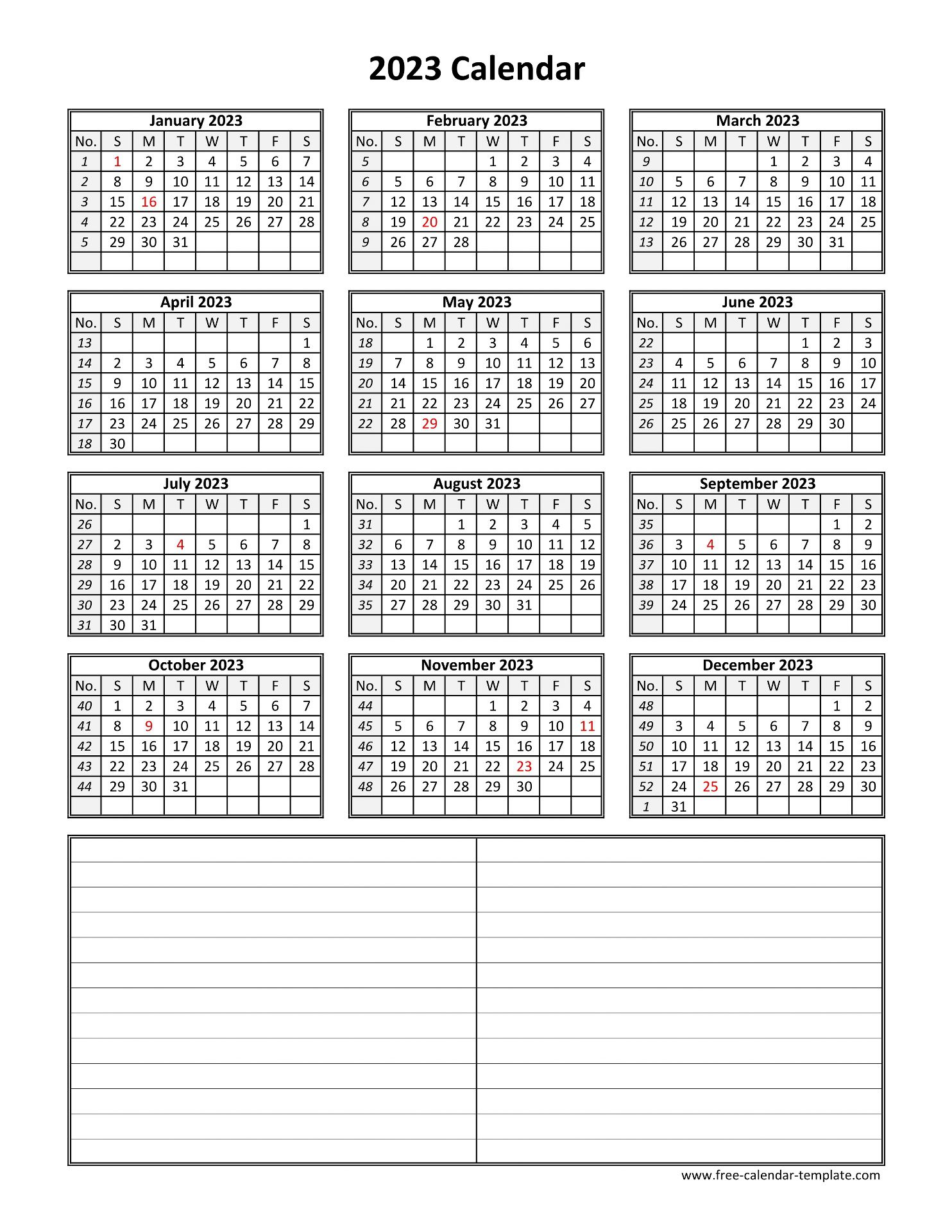 Yearly 2023 printable calendar with space for notes | Free-calendar -template.com