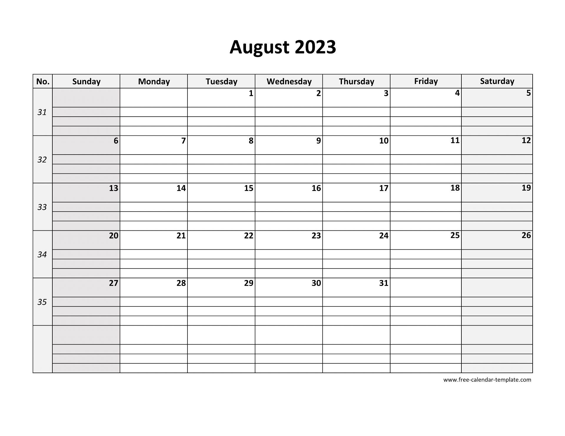 August 2023 Calendar Free Printable With Grid Lines Designed (Horizontal) |  Free-Calendar-Template.com