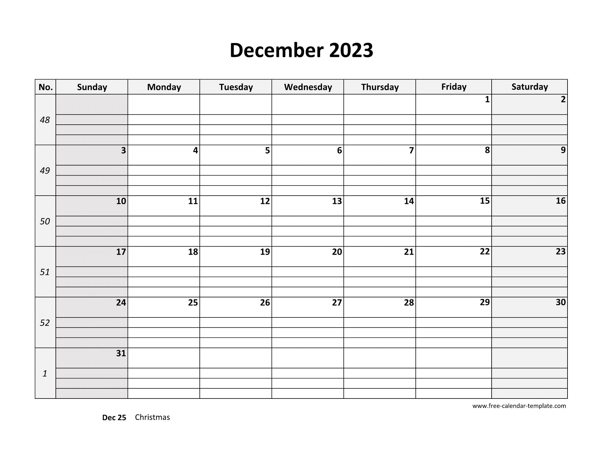 December 2023 Calendar Free Printable with grid lines designed (horizontal) | Free-calendar-template.com