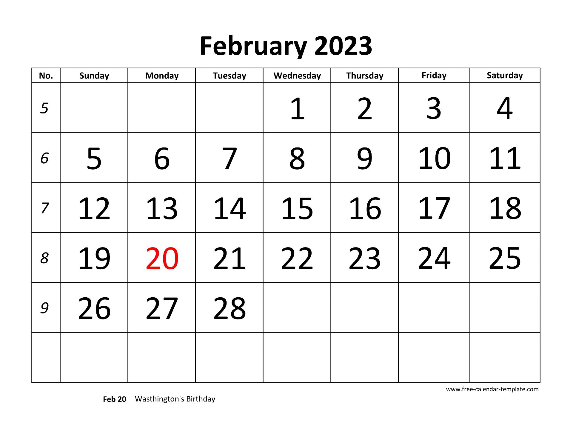 February 2023 Calendar designed with large font (horizontal) | Free-calendar -template.com February 2023 Calendar designed with large font (horizontal) | Free-calendar -template.com