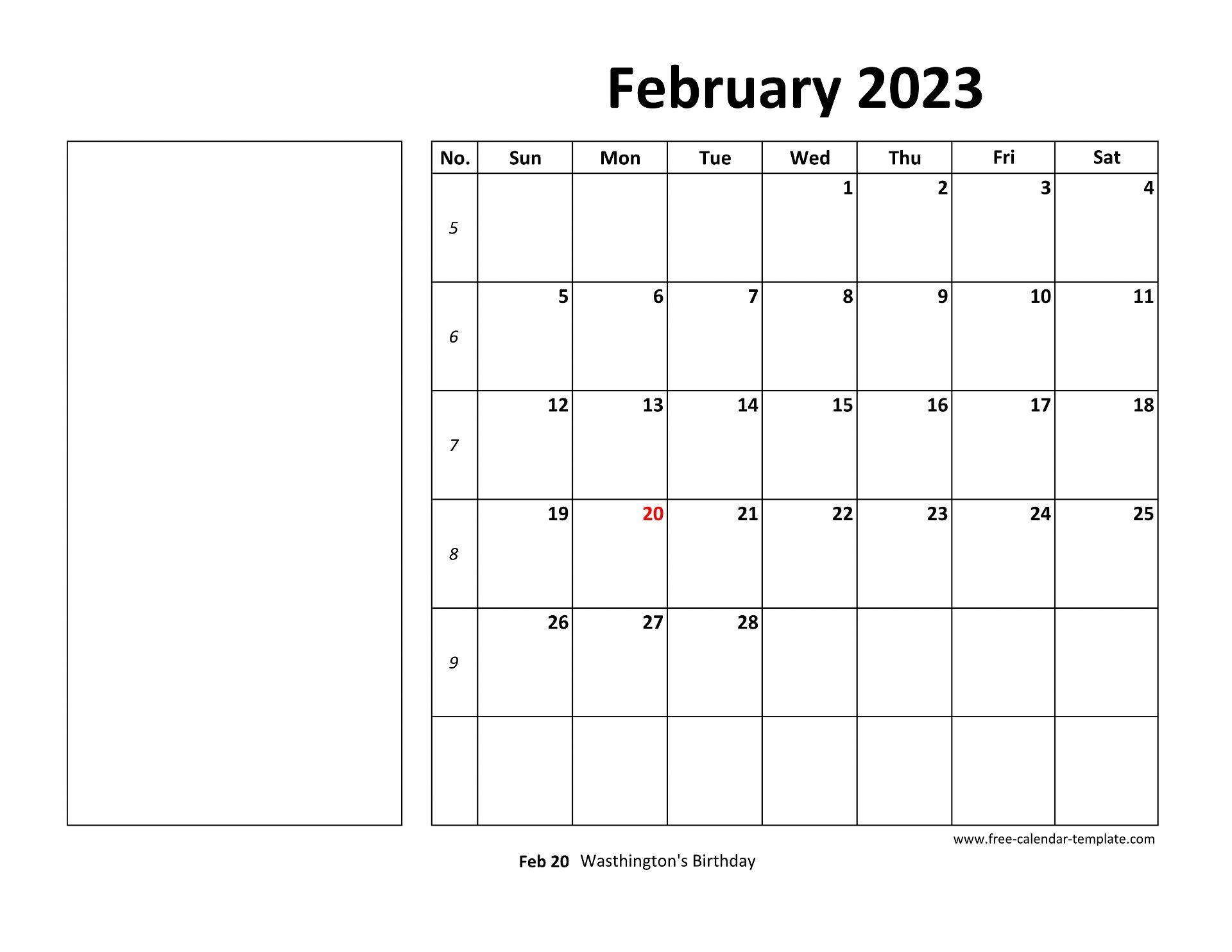 Printable February 2023 Calendar (box and lines for notes) | Free-calendar -template.com