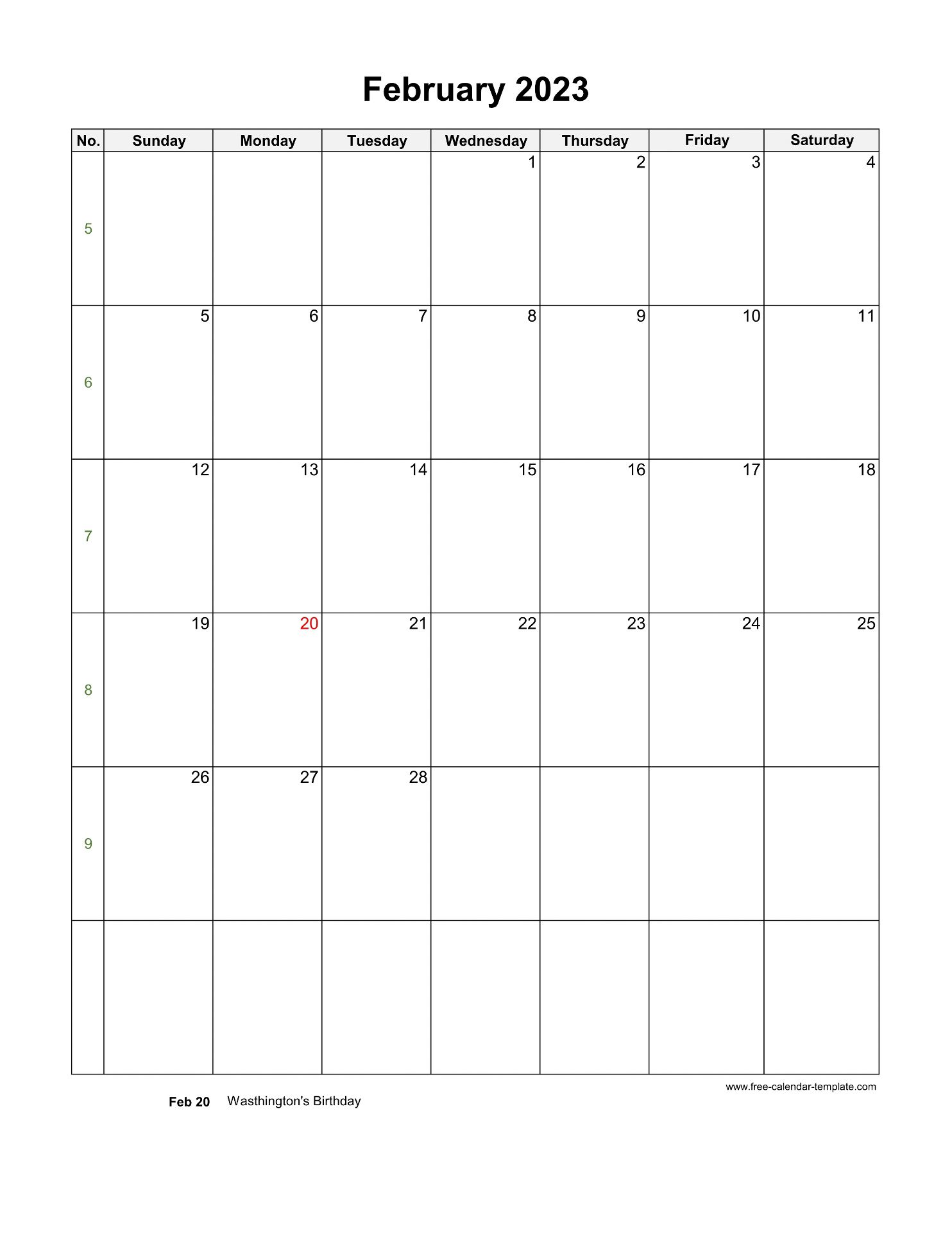 2023 February Calendar (Blank Vertical Template) |  Free-Calendar-Template.com