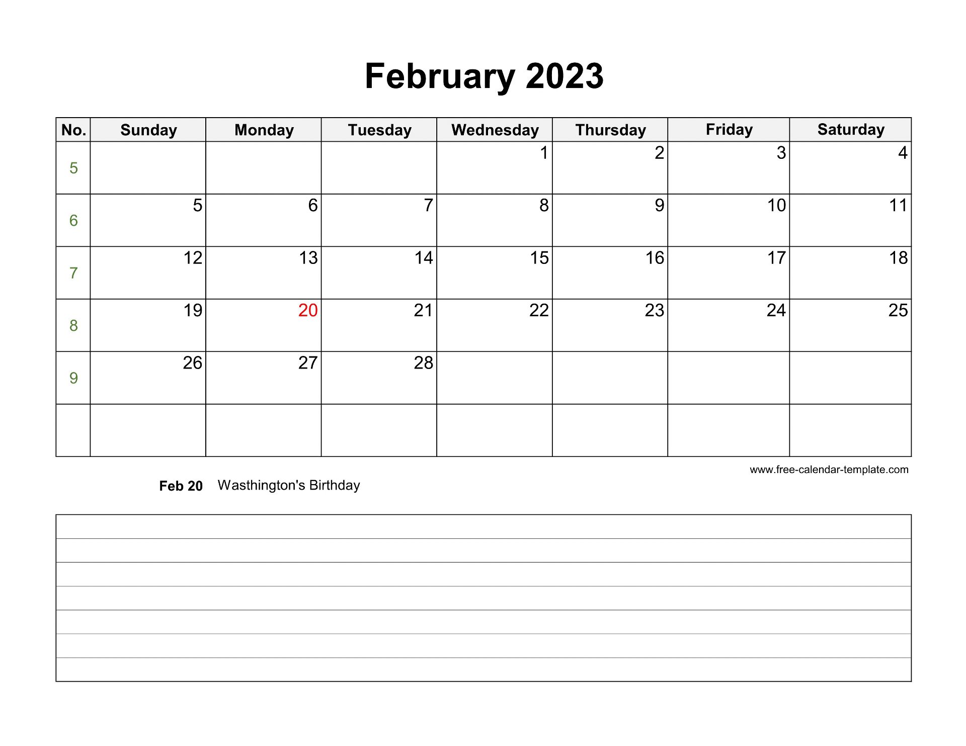 2023 Printable February Calendar with space for appointments (horizontal) | Free-calendar-template.com 2023 Printable February Calendar with space for appointments (horizontal) | Free-calendar-template.com