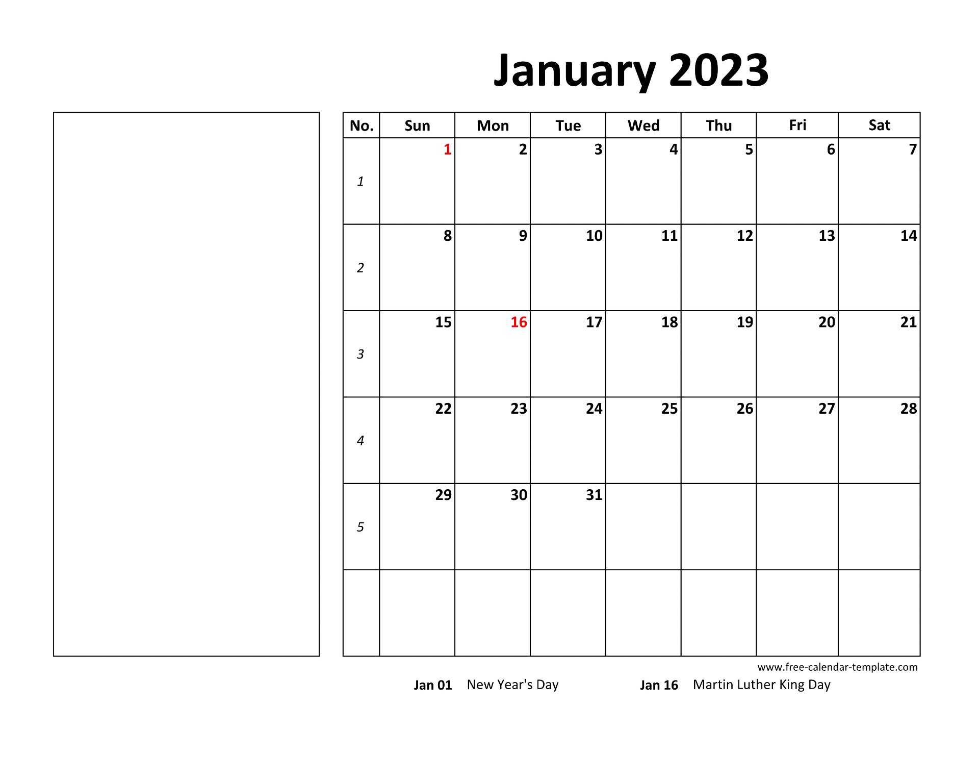 Printable January 2023 Calendar (box and lines for notes) | Free-calendar -template.com Printable January 2023 Calendar (box and lines for notes) | Free-calendar -template.com