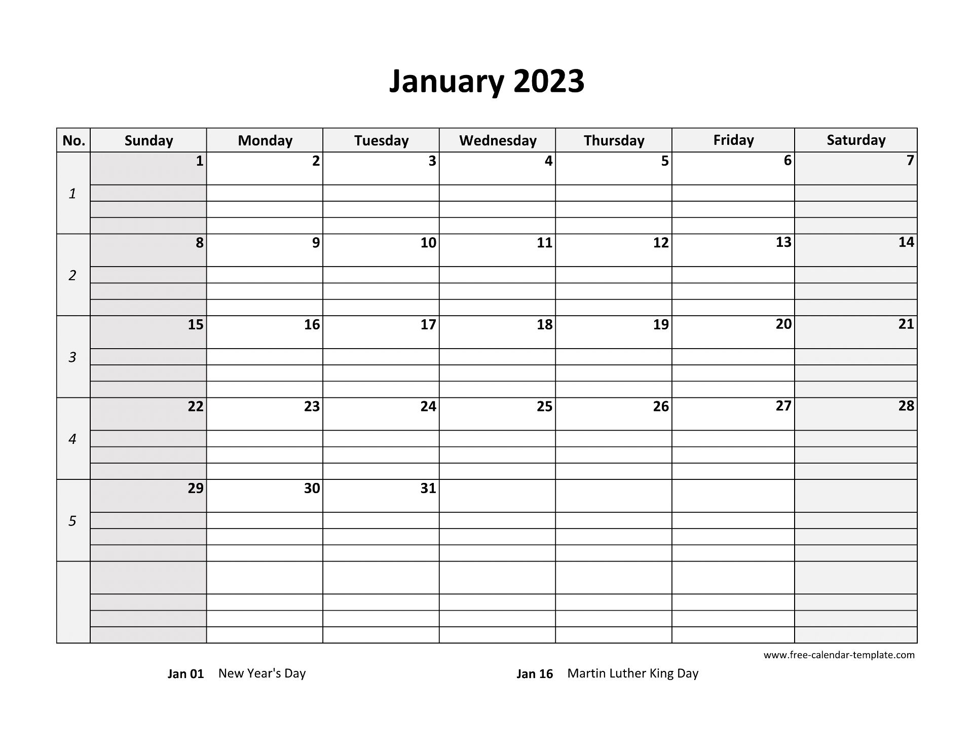 January 2023 Calendar Free Printable With Grid Lines Designed (Horizontal)  | Free-Calendar-Template.com