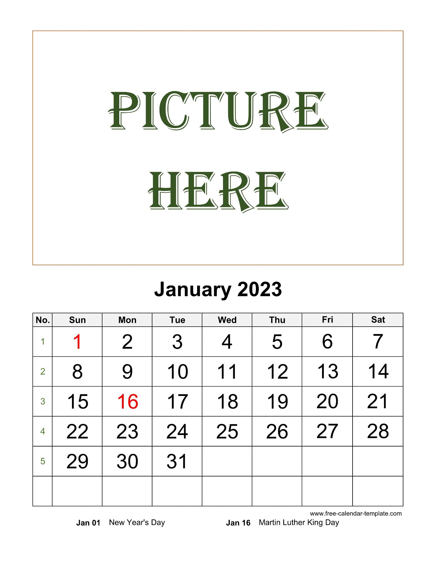 January Printable 2023 Calendar, Space For Add Picture (Vertical) | Free- Calendar-Template.com