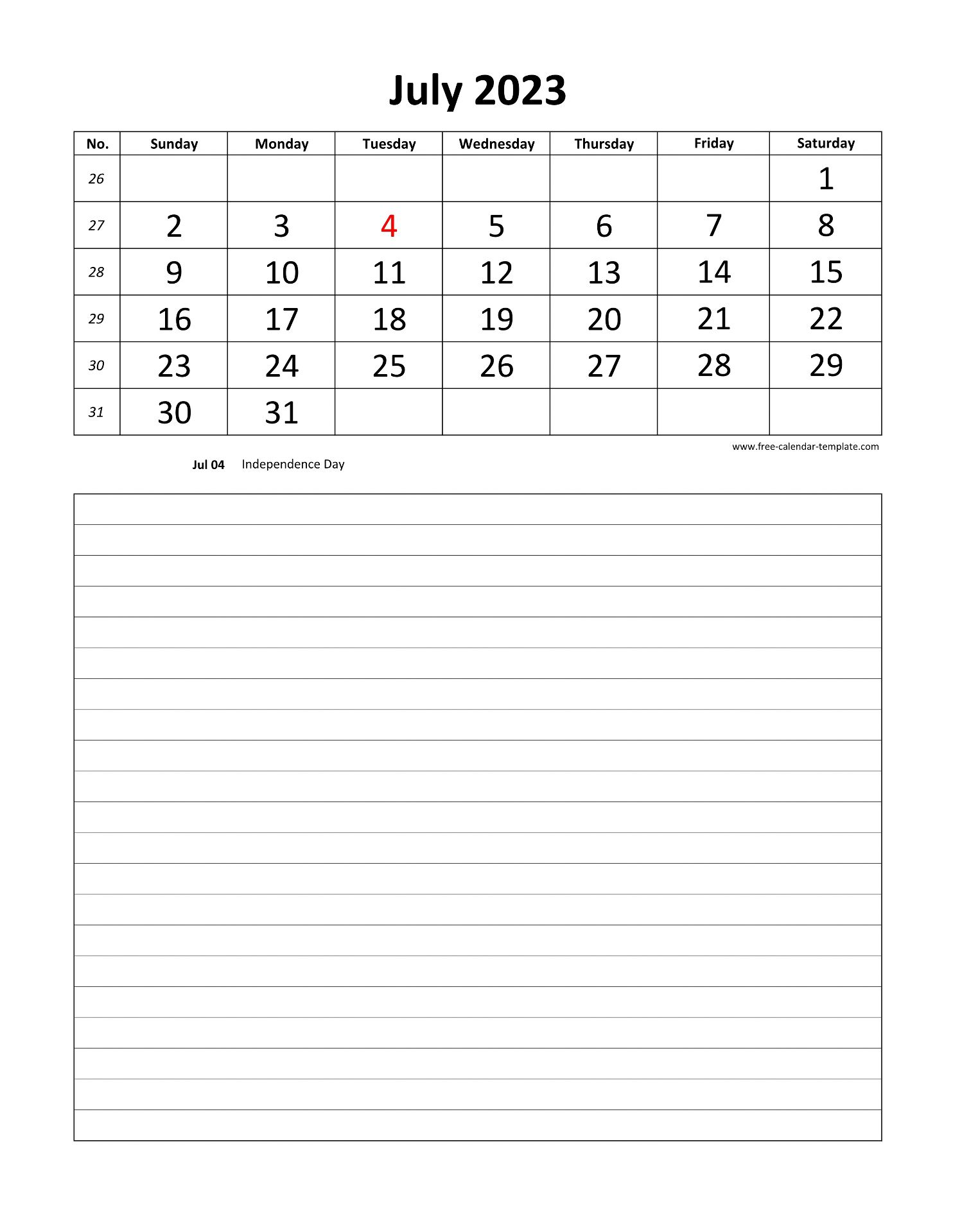 Printable 2023 July Calendar grid lines for daily notes (vertical
