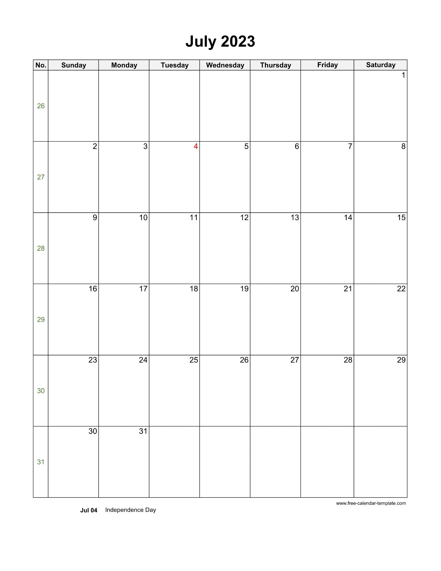 2023 July Calendar Blank Vertical Template Free Calendar