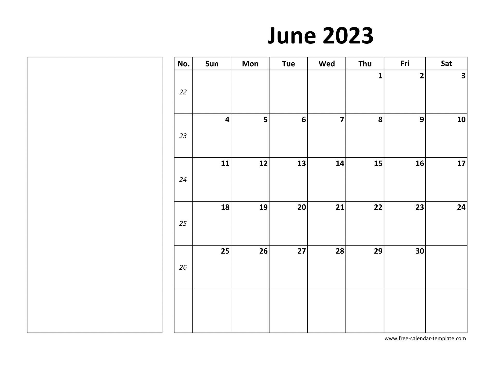 Printable June 2023 Calendar (box and lines for notes) Freecalendar