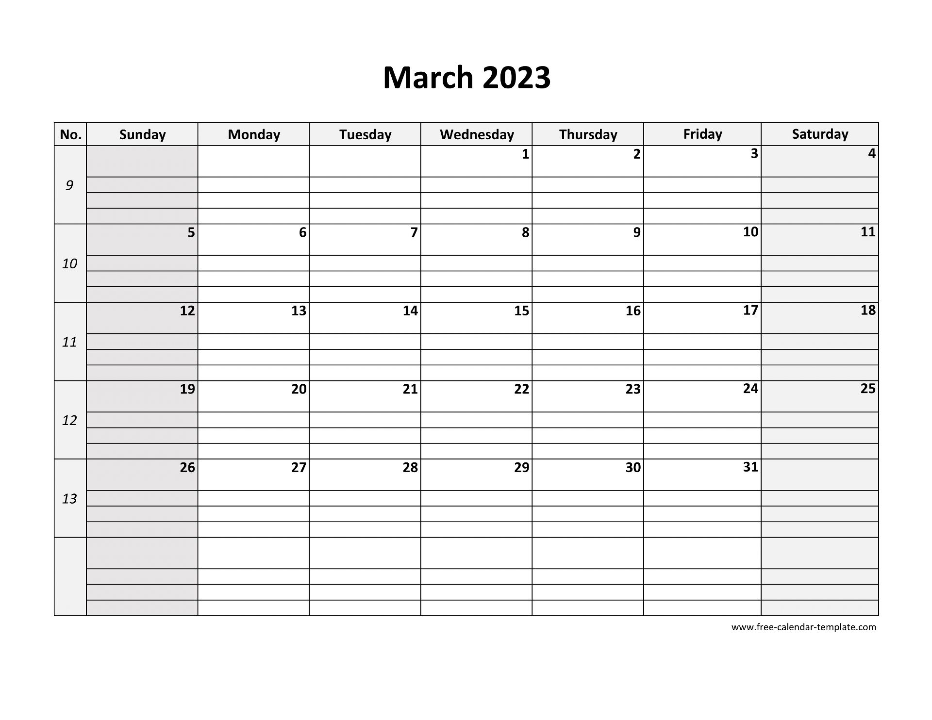 March 2023 Calendar Free Printable with grid lines designed (horizontal) | Free-calendar-template.com March 2023 Calendar Free Printable with grid lines designed (horizontal) | Free-calendar-template.com