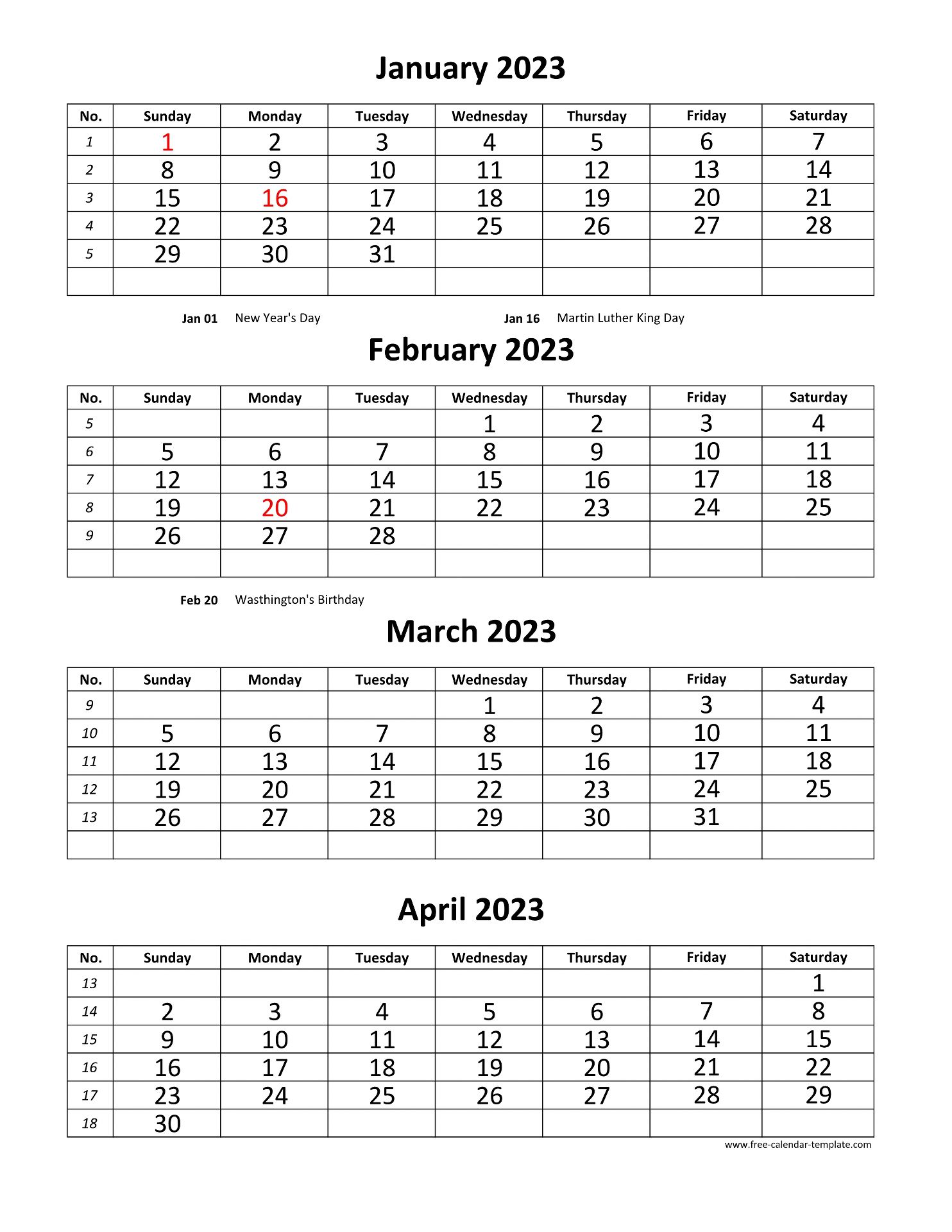 Monthly 2023 Calendar 4 months per page (vertical) | Free-calendar -template.com Monthly 2023 Calendar 4 months per page (vertical) | Free-calendar -template.com