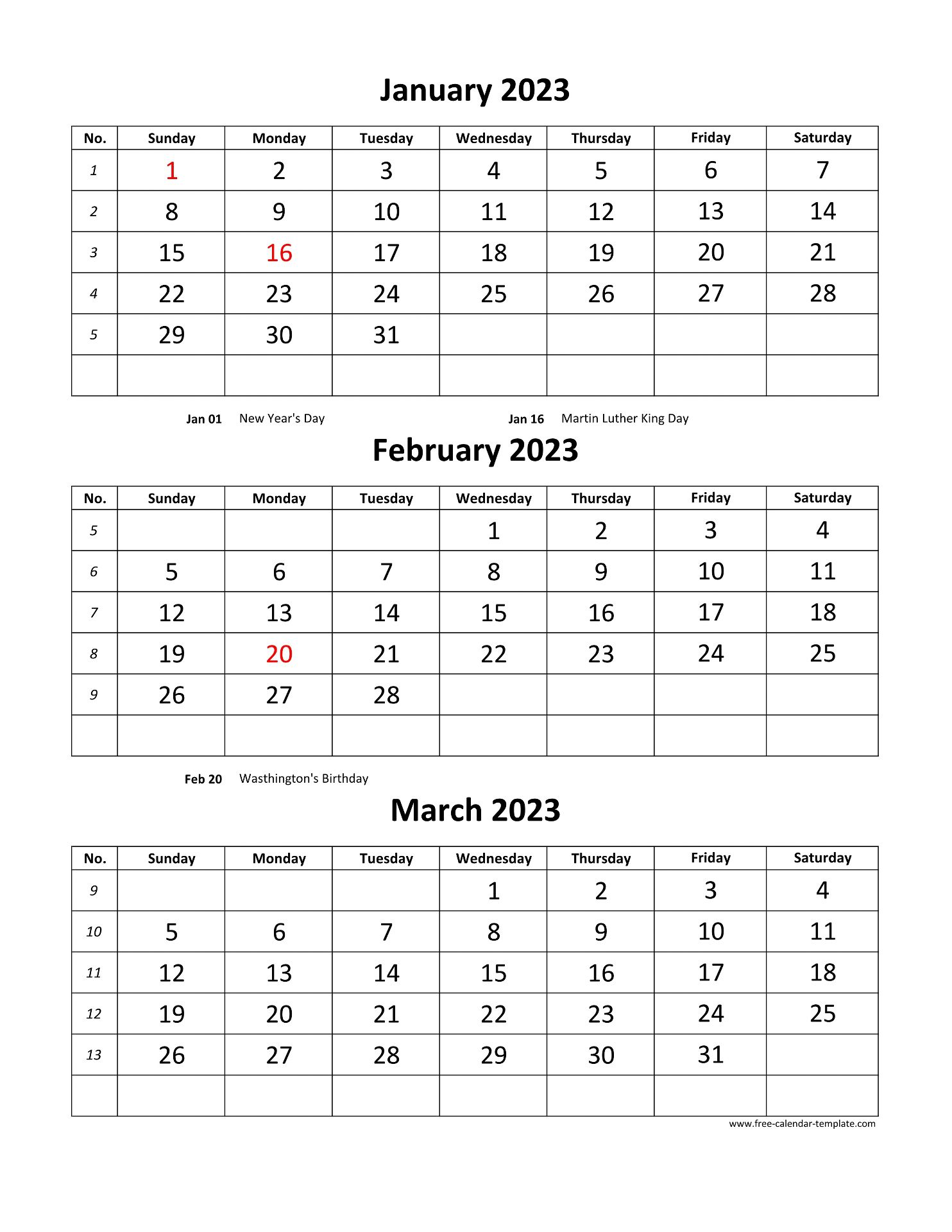 Free Monthly Calendar 2023, 3 months per page (vertical) | Free-calendar -template.com Free Monthly Calendar 2023, 3 months per page (vertical) | Free-calendar -template.com