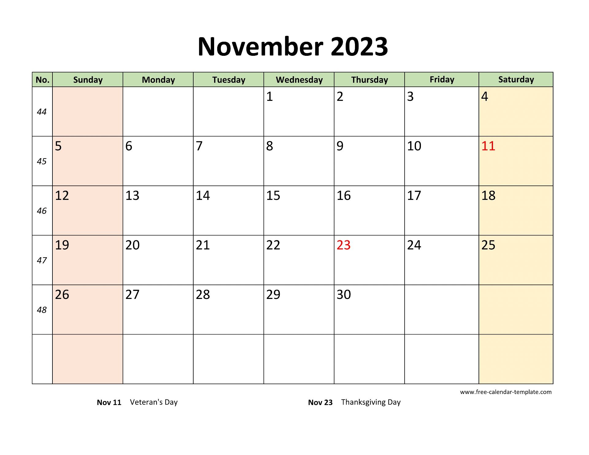 November 2023 Calendar Printable With Coloring On Weekend horizontal 