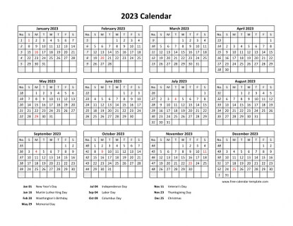 2023 calendar holidays bottom horizontal