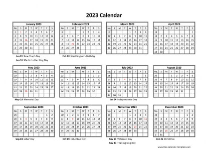 2023 calendar holidays month horizontal