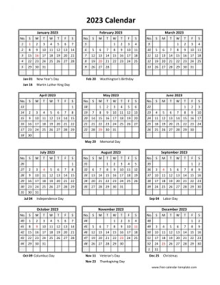 2023 yearly calendar printable with week numbers free calendar template com