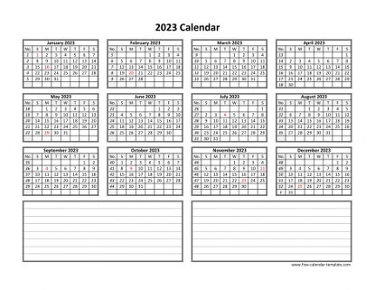 2023 calendar notes horizontal