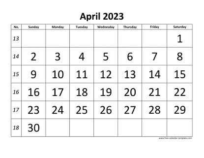 april 2023 calendar bigfont horizontal