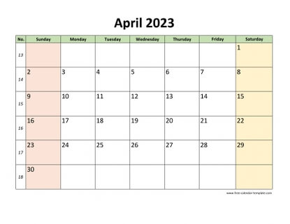 april 2023 calendar colored horizontal