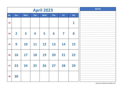 april 2023 calendar largenotes horizontal