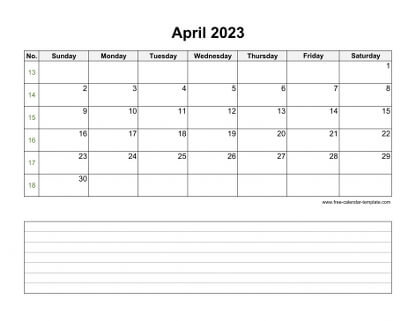 april 2023 calendar notes horizontal