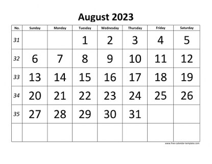 august 2023 calendar bigfont horizontal