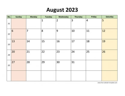 august 2023 calendar colored horizontal