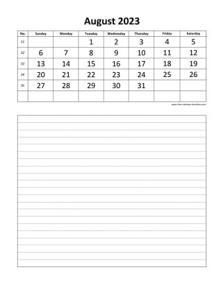 august 2023 calendar daily notes vertical