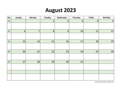 august 2023 calendar daycolored horizontal