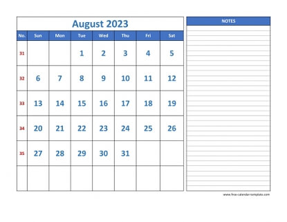 august 2023 calendar largenotes horizontal