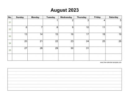 august 2023 calendar notes horizontal