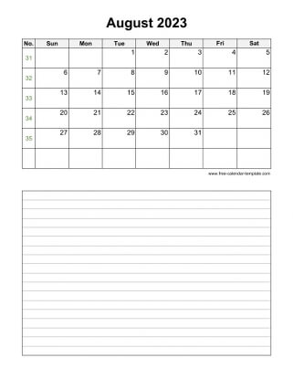 august 2023 calendar notes vertical