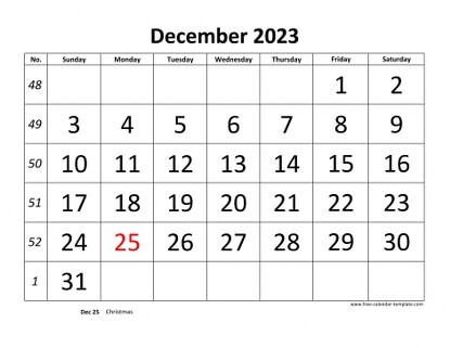 december 2023 calendar bigfont horizontal