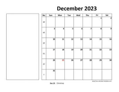 december 2023 calendar boxnotes horizontal